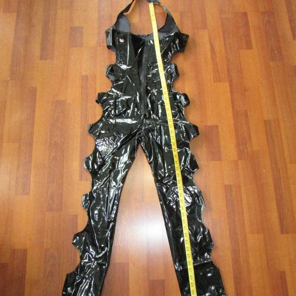 Black Patent Shiny Vinyl Cutout Sides Catsuit - Picture 6 of 8